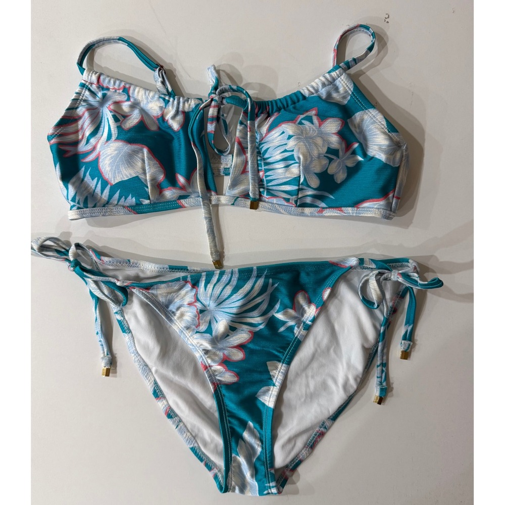 California Sunshine Teal Tropical Floral Keyhole Bikini‎ Set Womens Medium